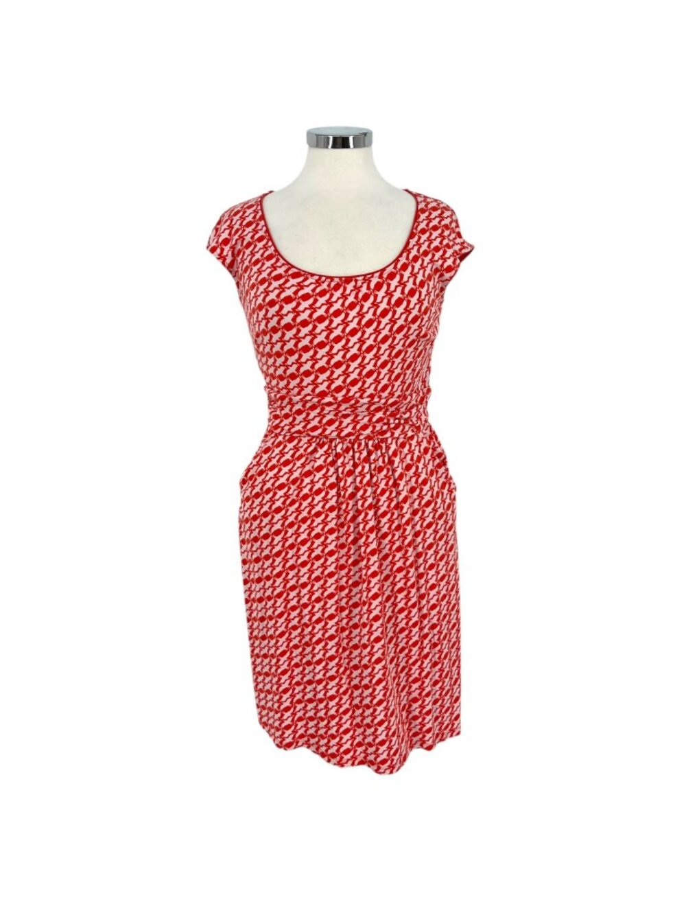 Boden Margot Red White Bird Print Dress Short Sleeve Scoop Neck Size 8 L